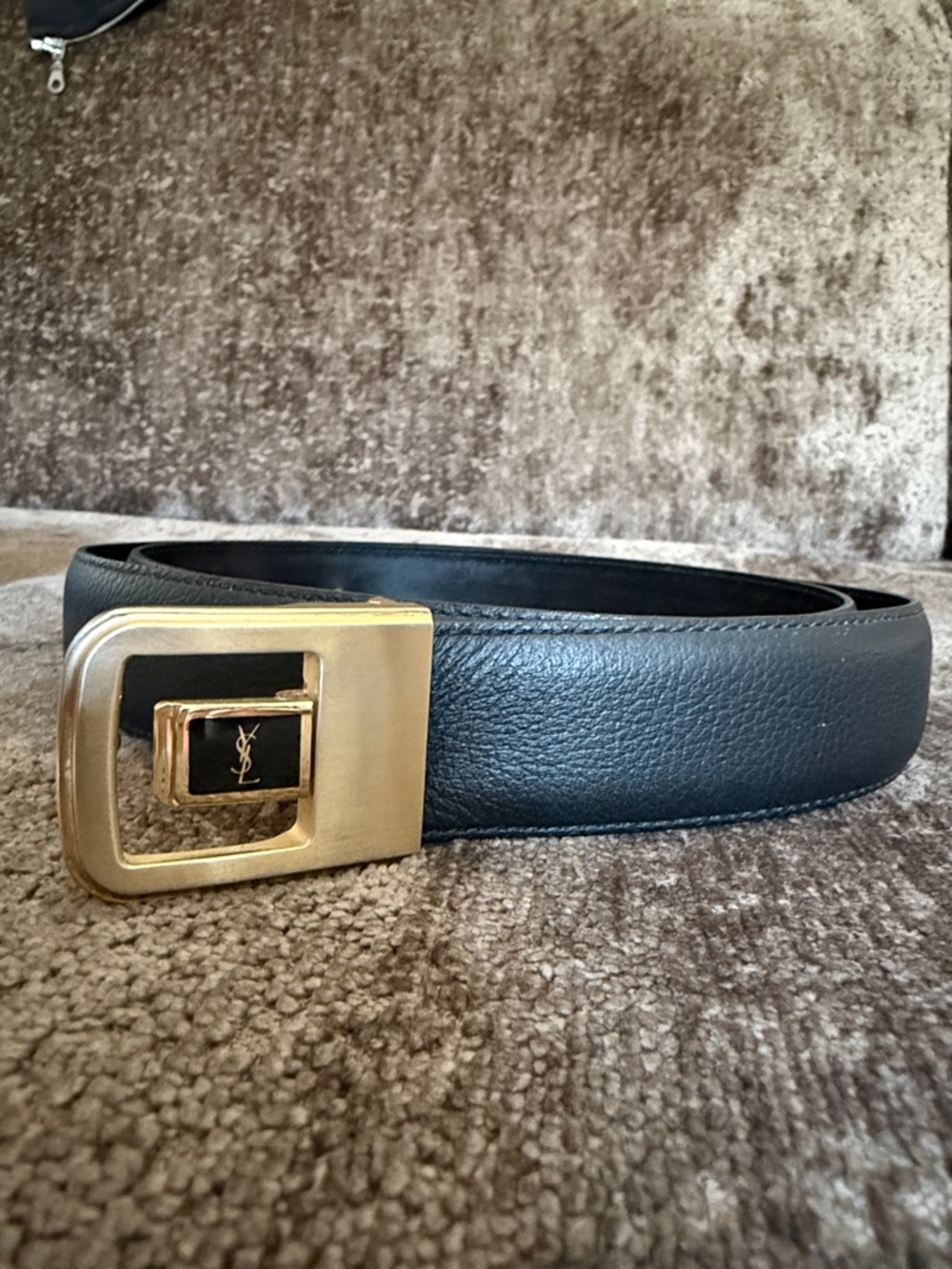 Vintage Yves Saint Laurent Black Leather Belt with light Gold tone YSL Buckle